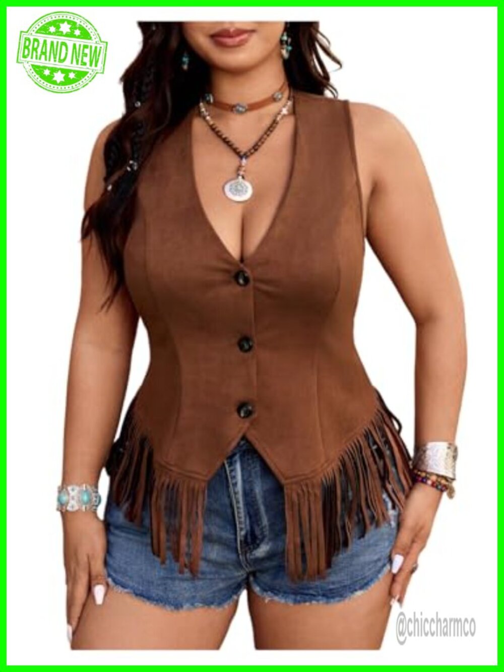 Plus Size Western Fringe Trim Tank Top V Neck Button Down Cowgirl Outfit